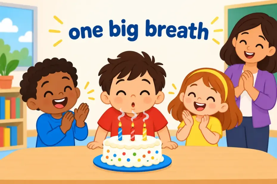 A cartoon child blows out candles on a classroom cake while friends cheer, showing blow out in a sentence as putting out a flame.