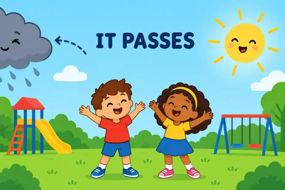 A cartoon storm cloud drifts away from a playground while children smile, showing blow over in a sentence as trouble fading.
