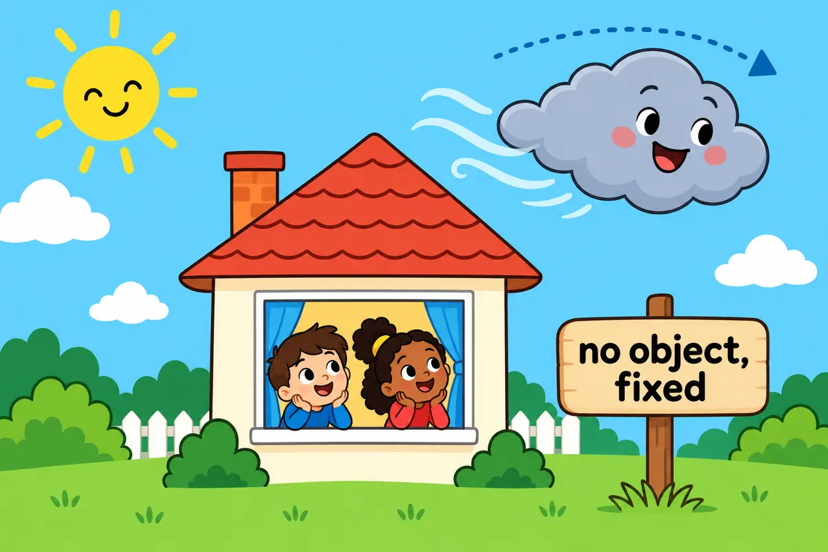 A cartoon storm cloud passes over a house while two arrows show the particle over staying fixed in blow over.