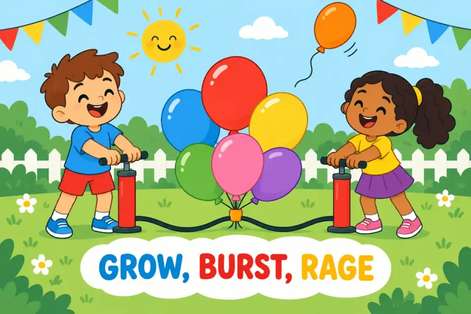 Cartoon children pump air into bright balloons, showing blow up in a sentence as filling something with air.