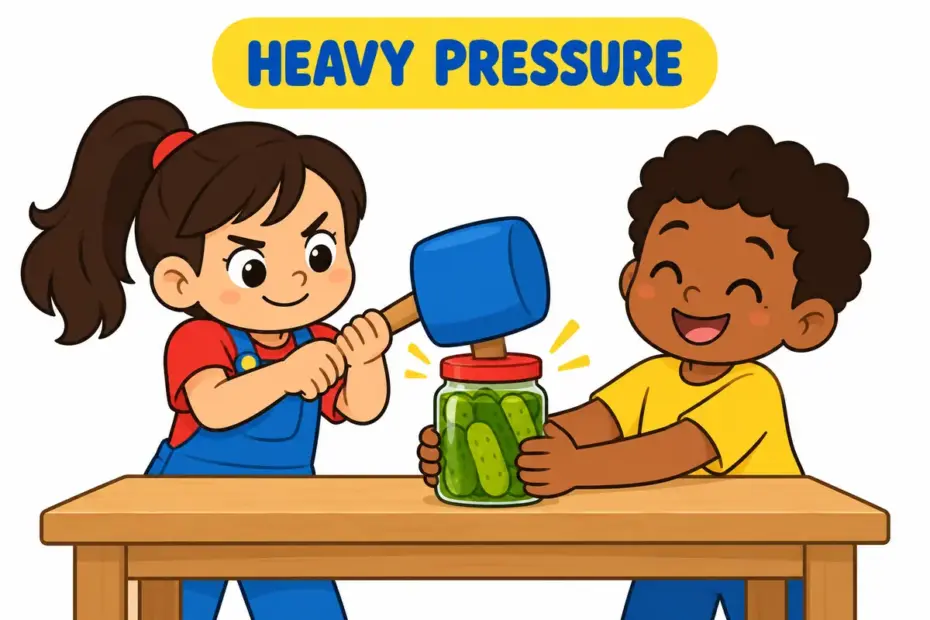 Cartoon child presses hard on a stuck lid with a soft mallet, showing bludgeon in a sentence as heavy blunt pressure used on an object.