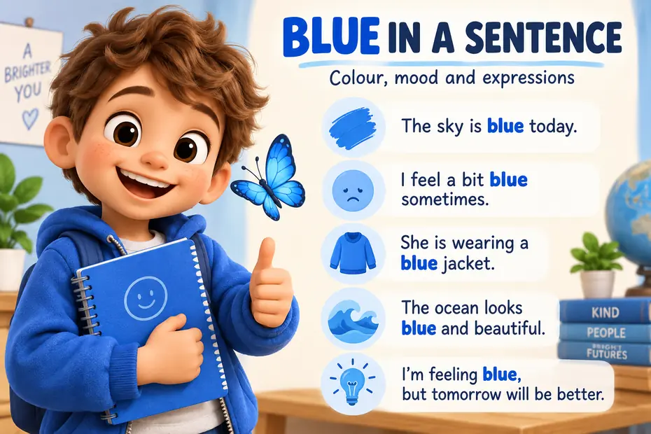 Blue in a sentence describes colour, mood and expressions.