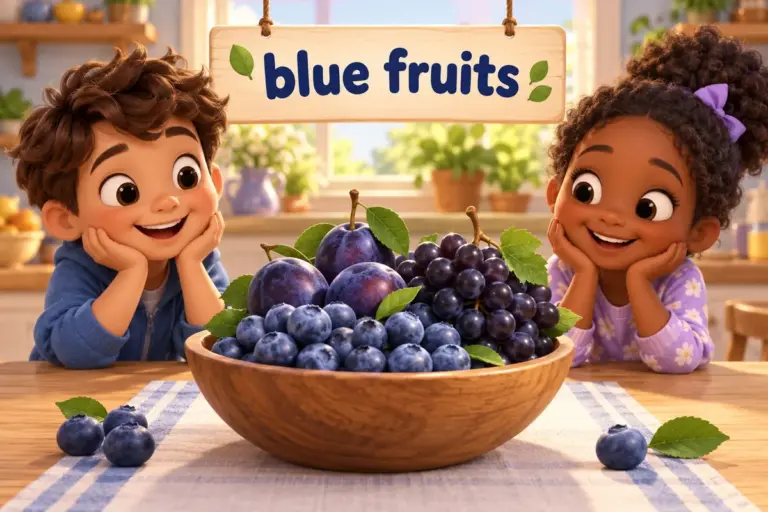 Cartoon blue fruits names with pictures shows blueberries, damsons and grapes in a bowl with a dusty bloom.