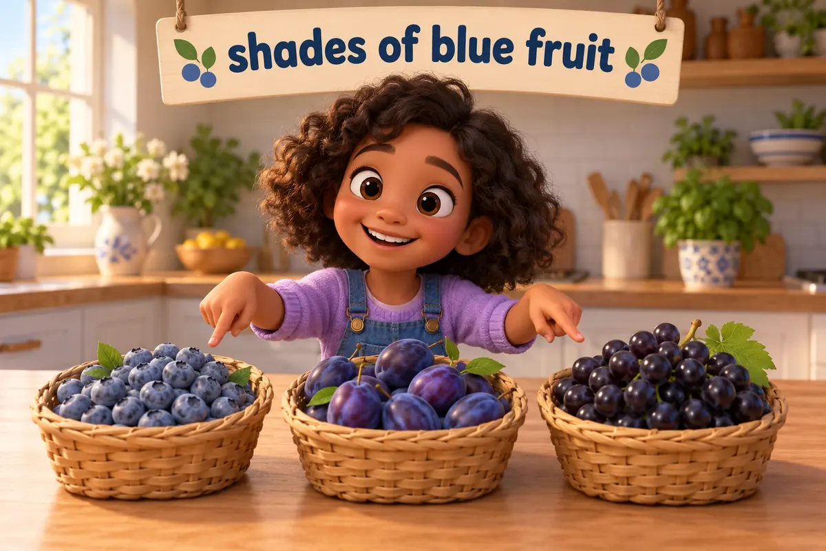 Cartoon bowl of blueberries, damsons and grapes shows the range of blue fruit colours.