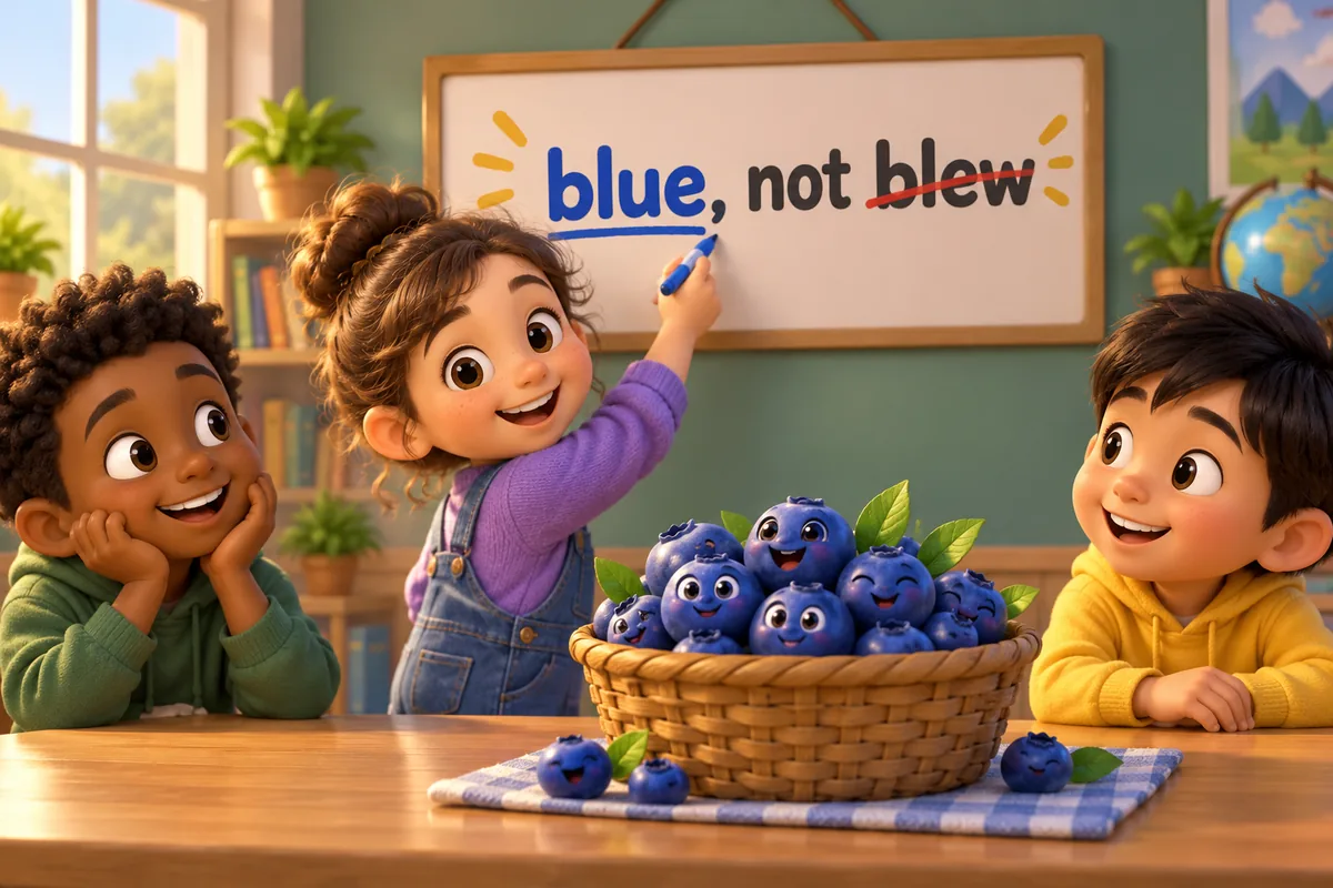A cartoon child fixes a label reading blew berries to read blue berries.