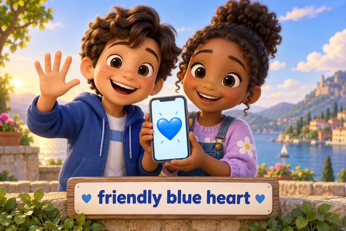 Cartoon friends tap a blue heart emoji on a phone to show blue heart emoji meaning in a warm, steady chat.