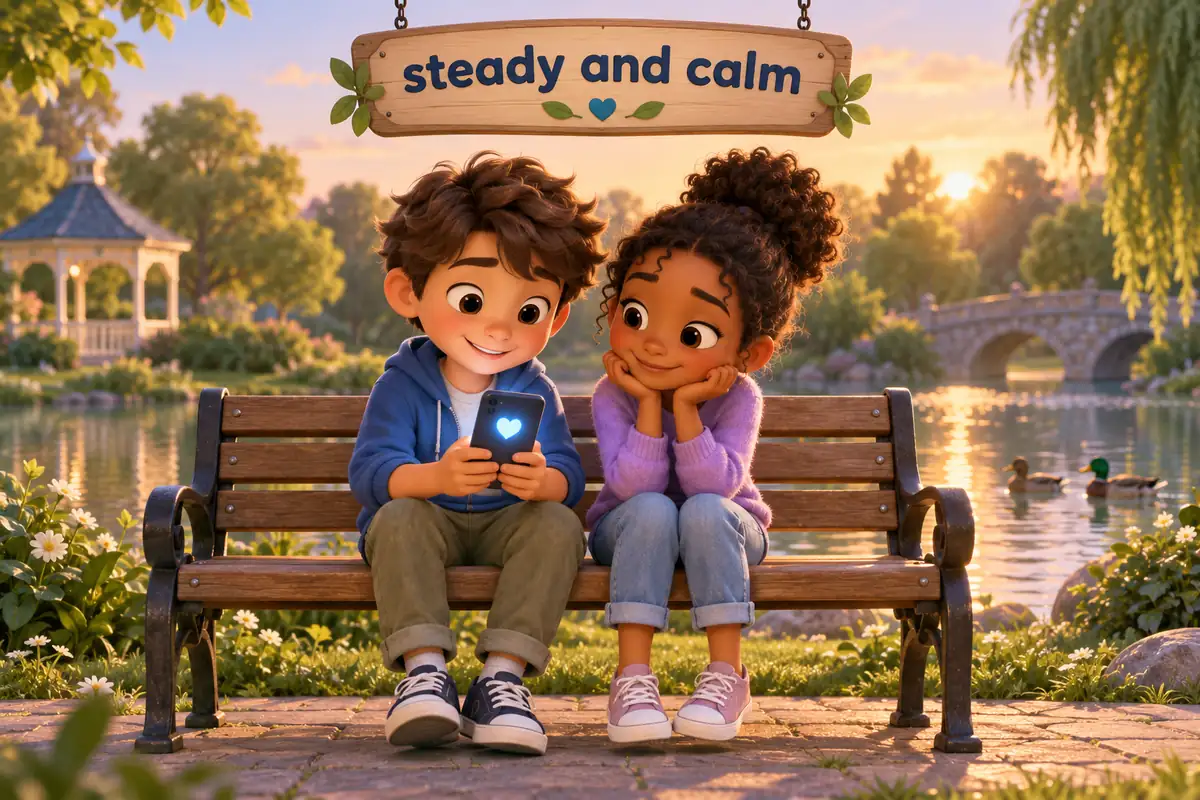 Cartoon friends send a blue heart to show steady, friendly care.