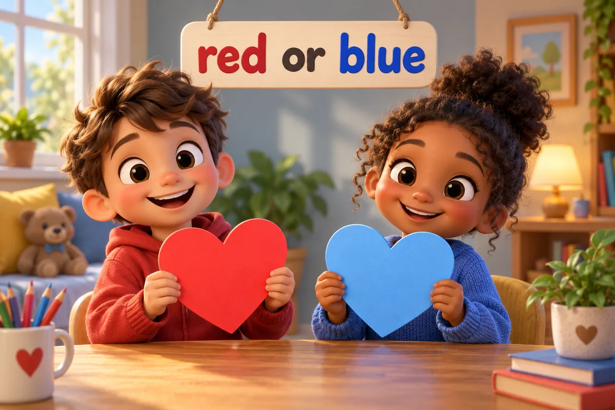 Cartoon children compare a red heart and a blue heart to pick the right feeling.