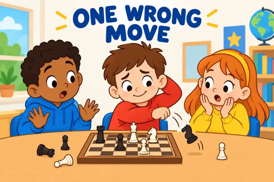 Cartoon children watch a chess piece knocked off a board by an elbow, showing blunder in a sentence as a careless costly mistake.