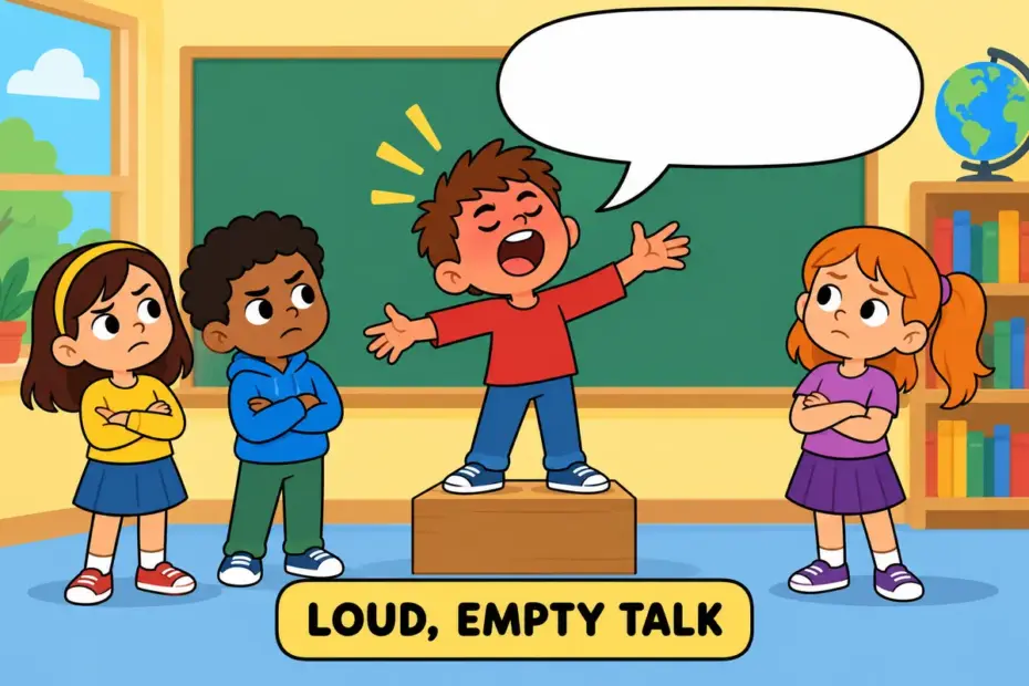 Cartoon children watch a classmate make a speech with an almost empty bubble, showing bluster in a sentence as words without substance.