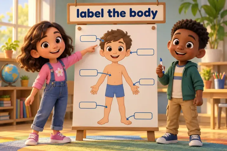 Cartoon children study body parts for kids with diagram labels on a large friendly body poster.
