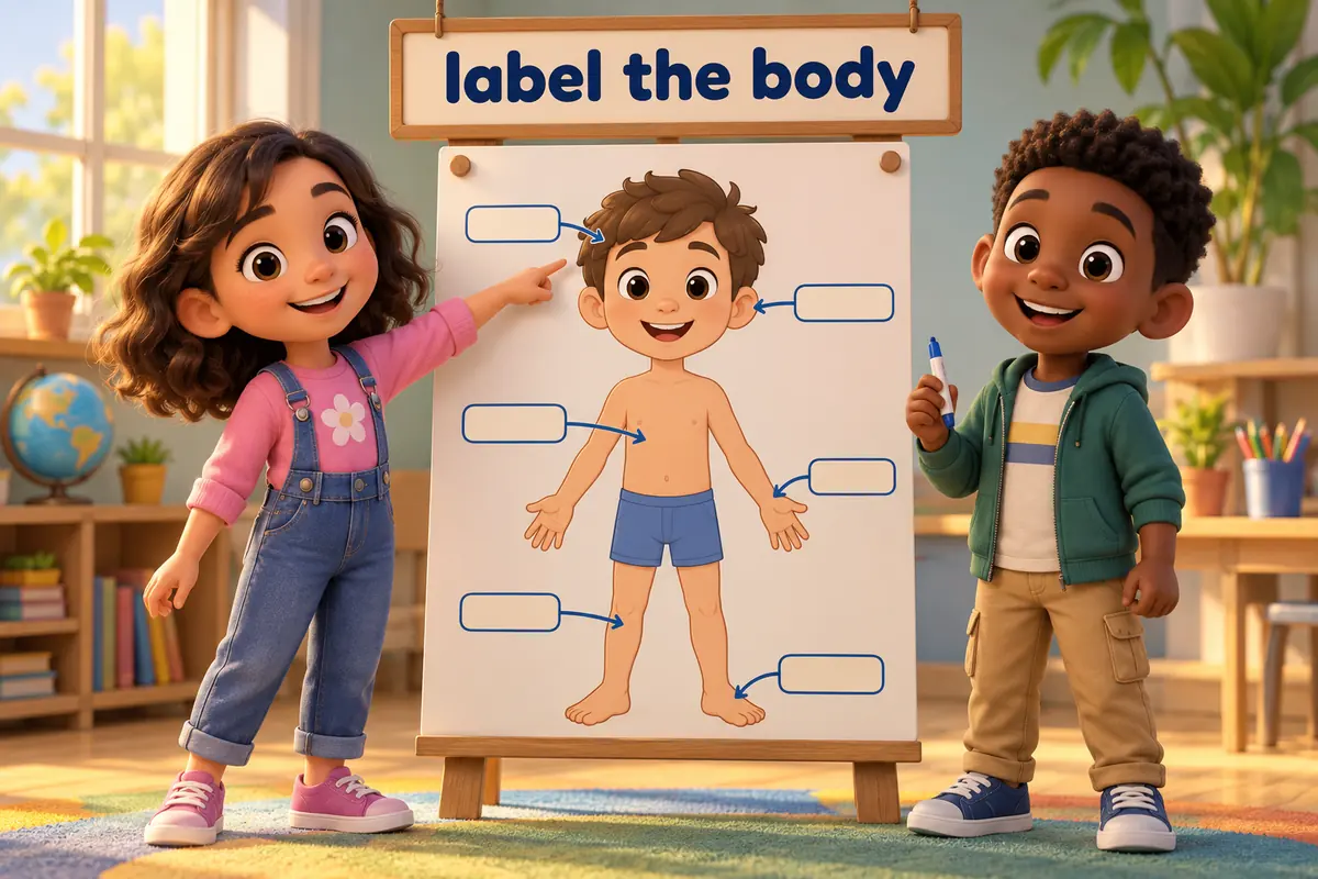 Cartoon children study body parts for kids with diagram labels on a large friendly body poster.