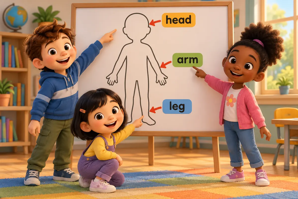 Cartoon children point to the head, arm and leg areas on a big body diagram.