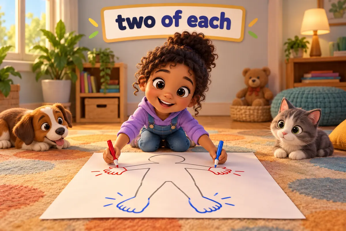 Cartoon children label a pair of hands and a pair of feet on a body diagram.