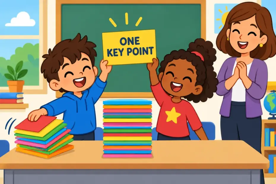 Cartoon pupils condense a tall pile of notes into a single card on a desk, showing boil down to in a sentence as one essential point.