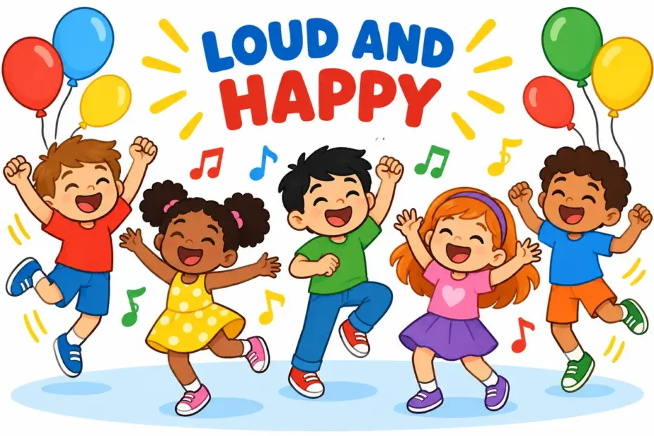 One unified cartoon scene illustrates Boisterous energy is loud because everyone is enjoying themselves.