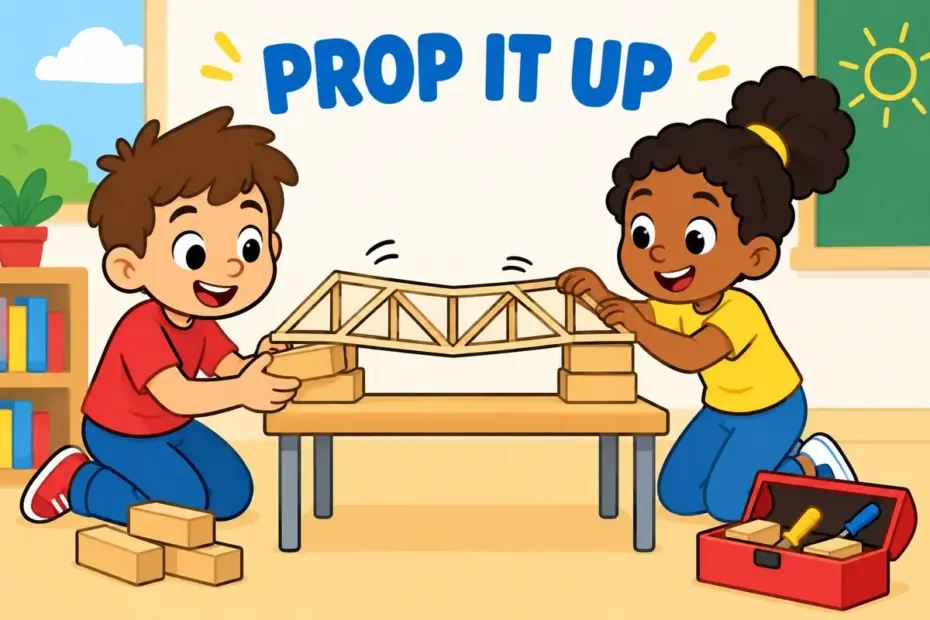 Cartoon pupils prop blocks under a wobbling model bridge, showing bolster in a sentence as support that makes it steady.