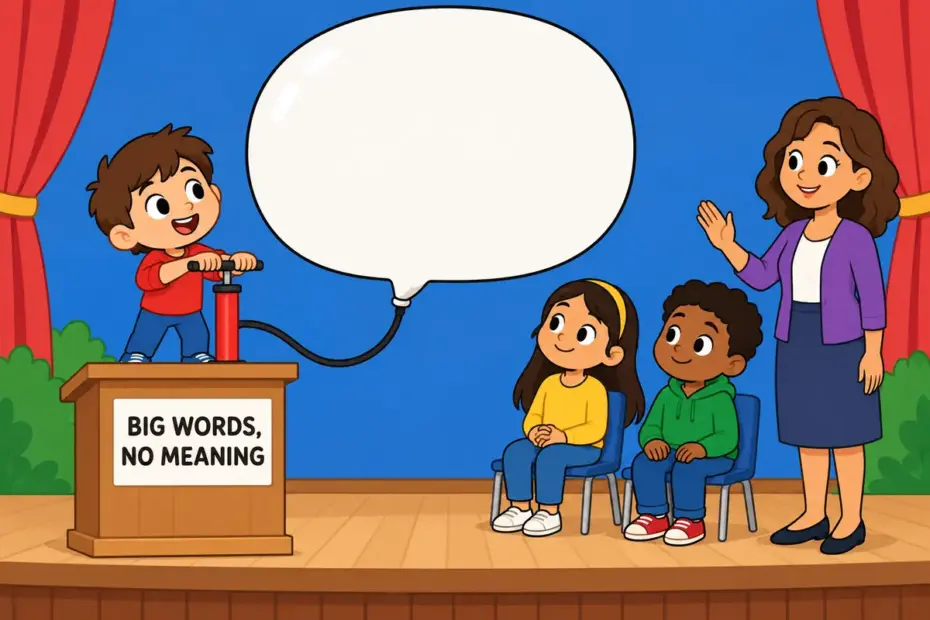 Cartoon children watch a speaker whose large empty speech bubbles deflate, showing bombastic in a sentence as inflated wording.