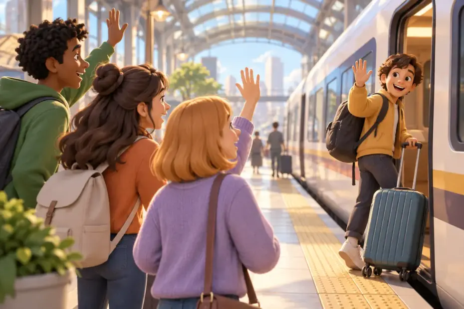 Friends wish a traveler well at a station.