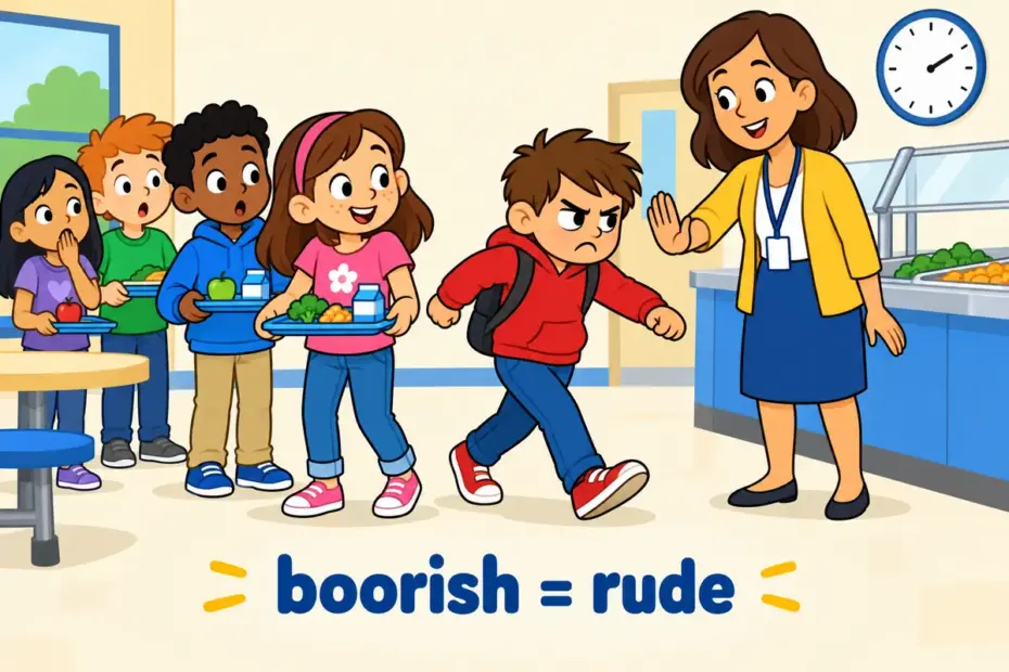 Cartoon pupils watch a boy push past a queue, illustrating boorish in a sentence as rude behaviour in company.