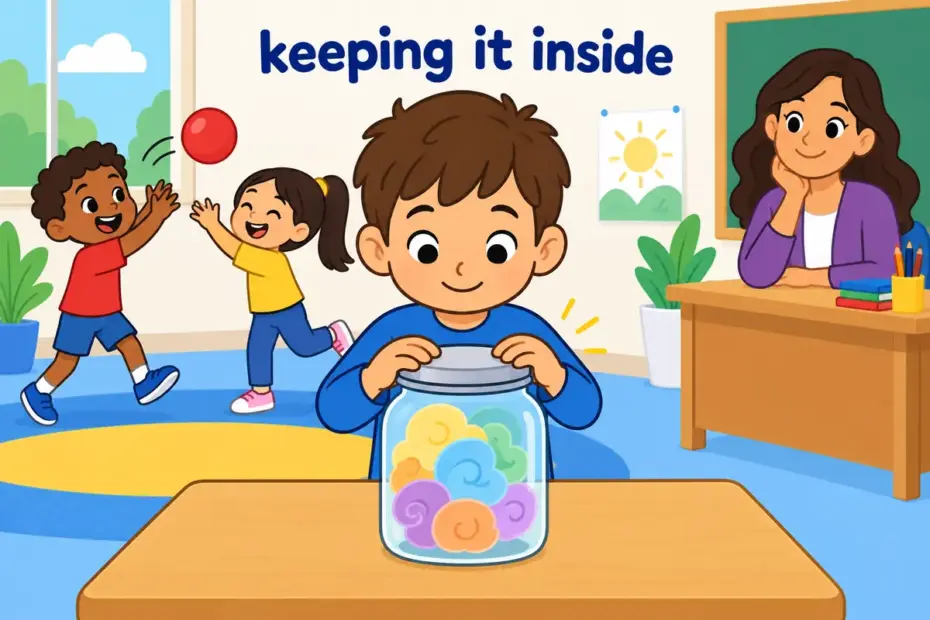 A cartoon boy seals a jar of swirling feelings while friends play, showing bottle up in a sentence as holding emotion inside.