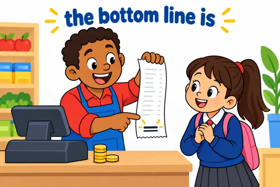 A cartoon shopkeeper shows a child one total on a till receipt, illustrating bottom line in a sentence as the final figure.