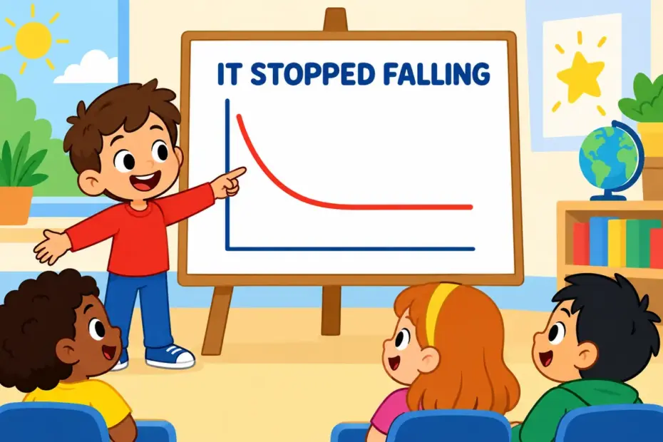 Cartoon sales chart with a line falling and flattening at the bottom, showing bottom out in a sentence as reaching the lowest point.