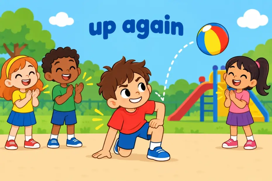 A cartoon child rises after a stumble while a ball springs high beside them, teaching bounce back in a sentence as recovery.