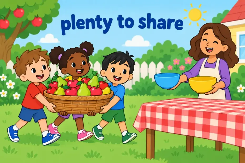 Cartoon children carry a basket overflowing with apples, showing bounty in a sentence as a generous harvest.