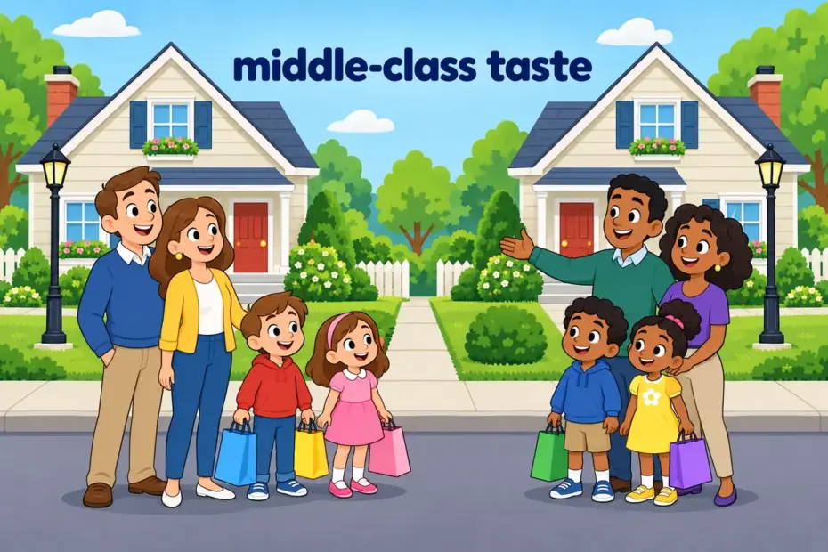Cartoon families stand before matching suburban houses with neat gardens, showing bourgeois in a sentence.