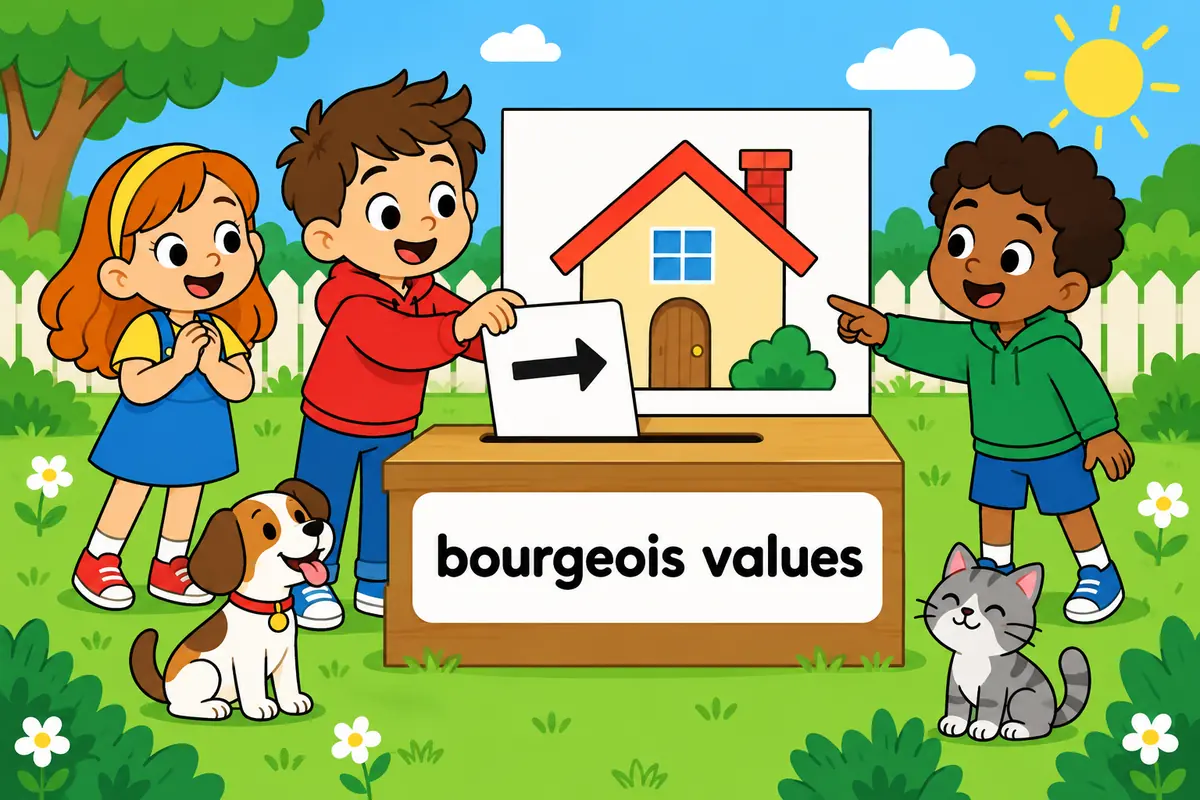 Cartoon families in a tidy suburb beside matching houses, showing bourgeois used as an adjective before a noun.