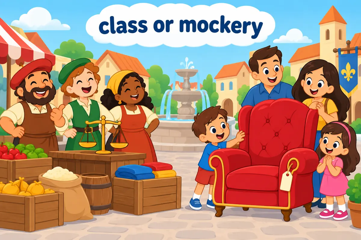 A cartoon single scene contrasts a merchant class in a town square with a family shopping for plush furniture.