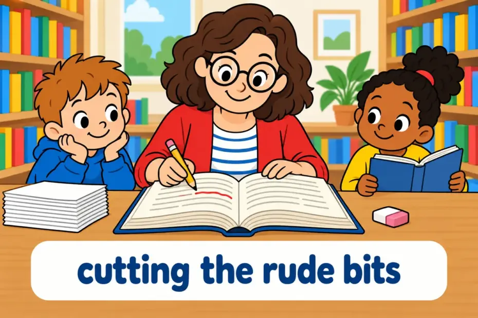 Cartoon children watch an editor cross out lines in an open book, showing what it means to bowdlerize a text for younger readers.