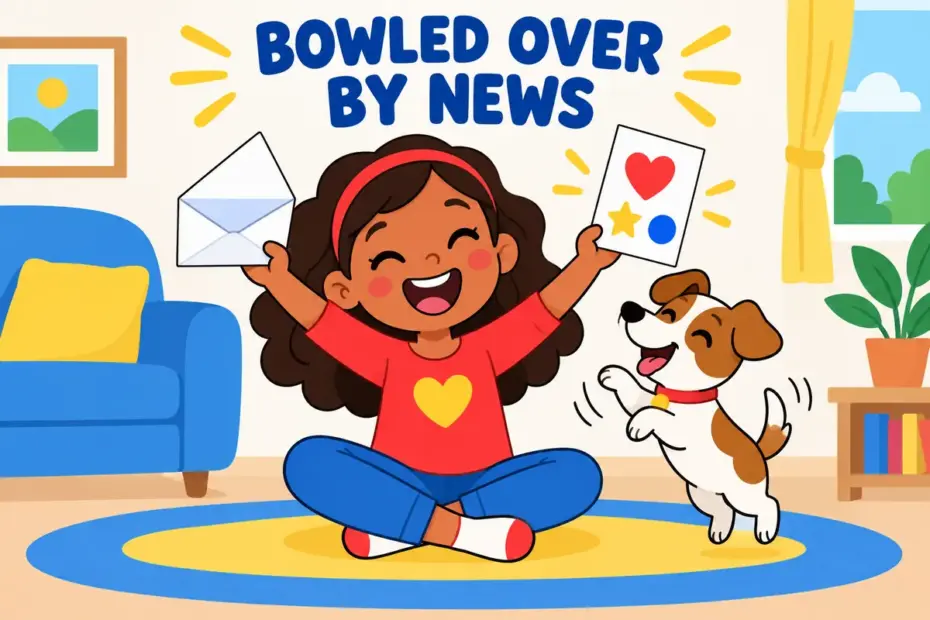 Cartoon girl opens a letter and throws her arms up in delight, showing bowl over in a sentence as a happy surprise.