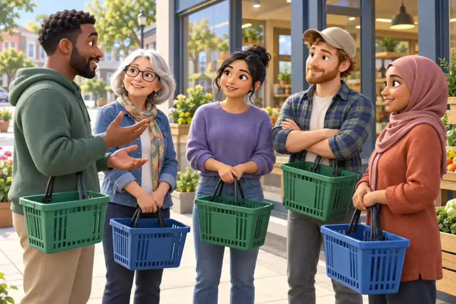 Neighbors discuss a peaceful community campaign outside a local store.