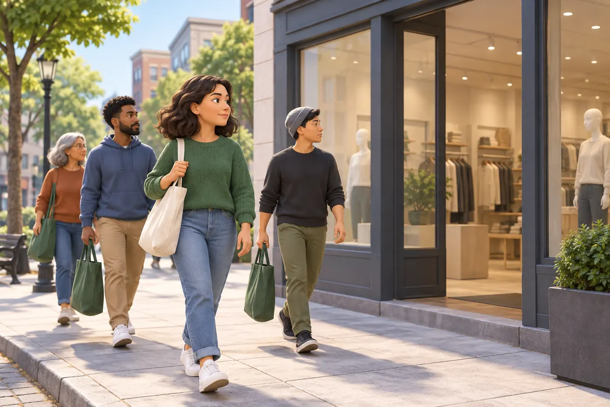 Shoppers walk past a store as a peaceful act of protest.