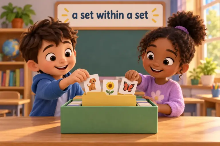 Cartoon children sort labelled cards into a box, showing braces punctuation in English grouping items inside a larger set.