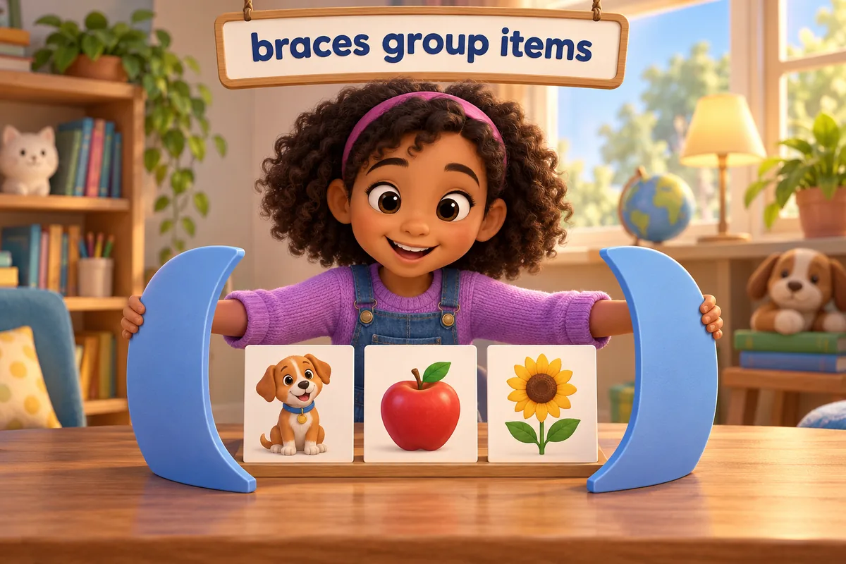 A cartoon child opens curly side-flaps around a small row of three picture cards on a desk.