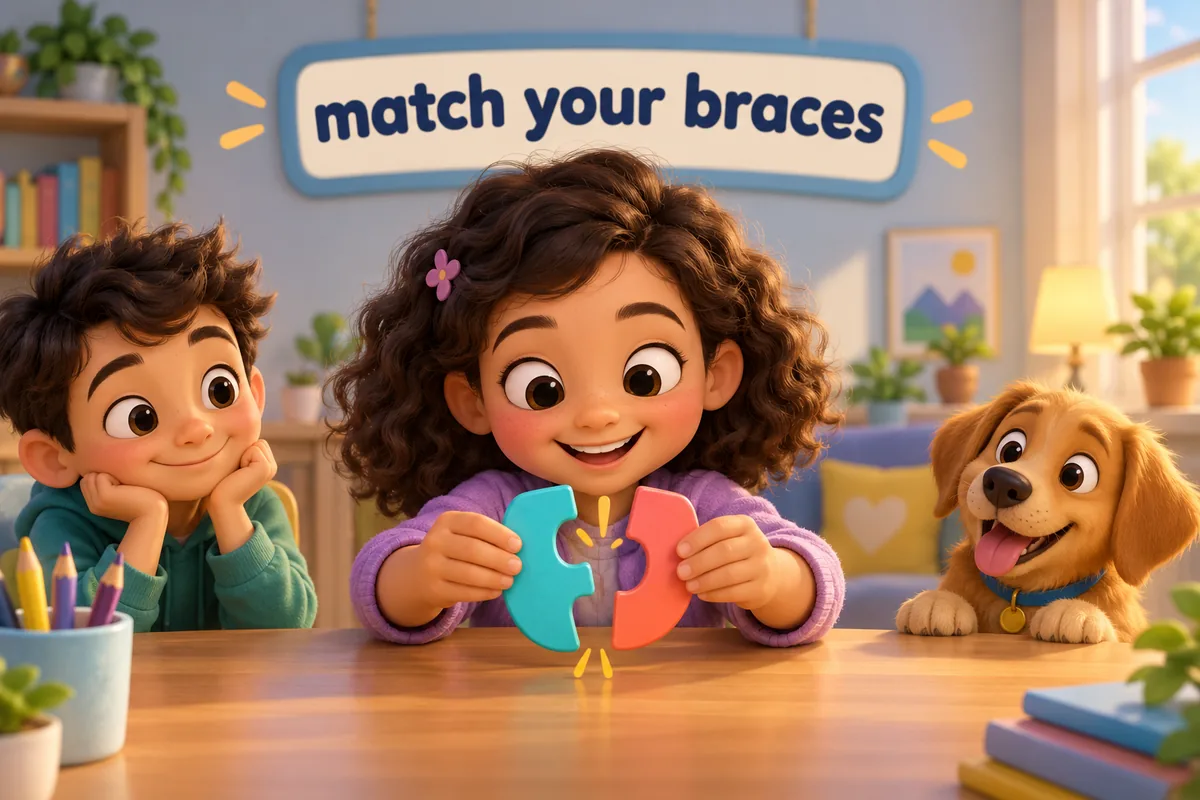 A cartoon child pairs curved puzzle pieces, joining one left piece to one right piece.