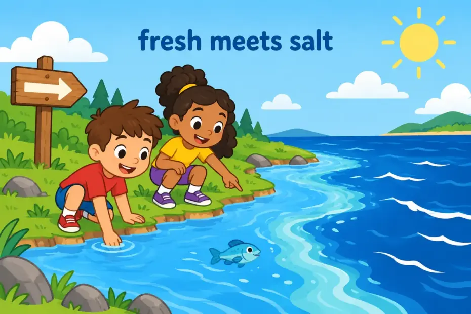 Cartoon children stand where a river meets the sea, illustrating brackish water as a mix of fresh and salt.