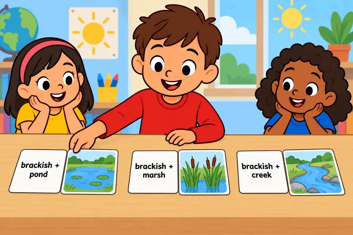 Three cartoon picture cards show the word brackish placed in front of a pond, a marsh and a creek.