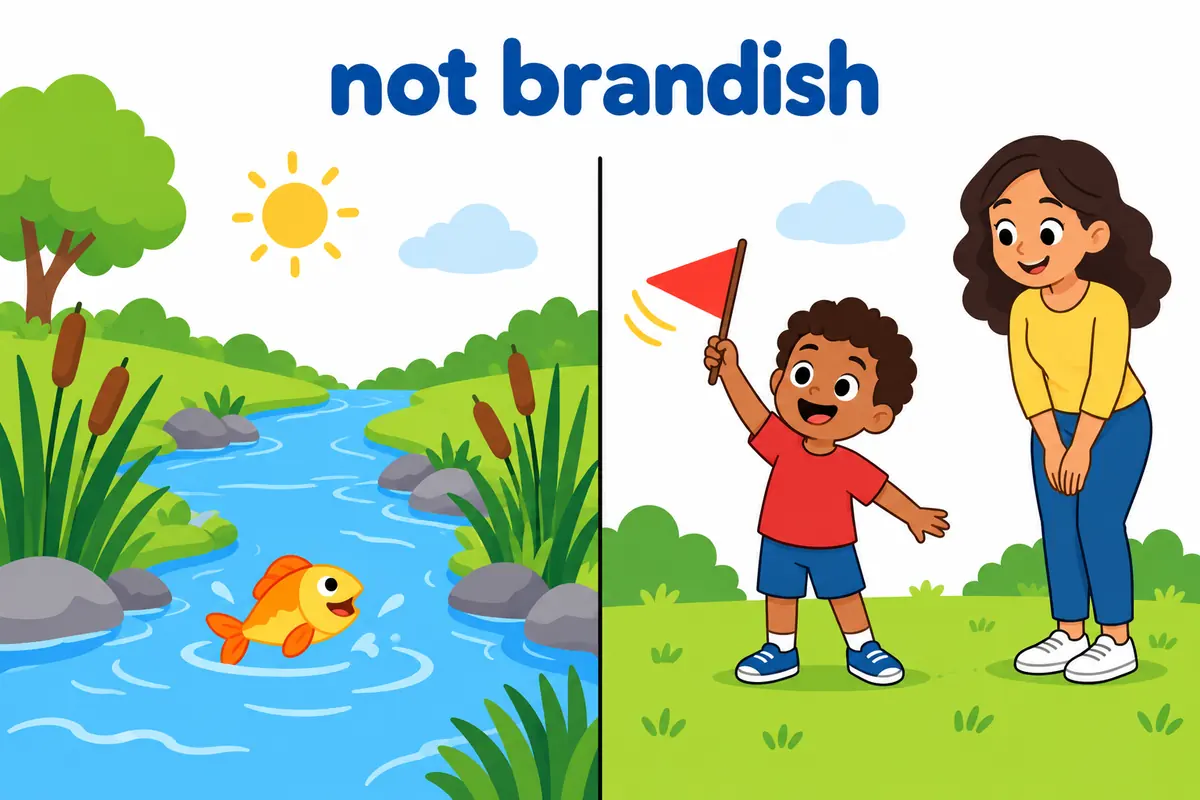 A cartoon spit of sand splits a calm salty creek from a child waving a little flag, contrasting brackish with brandish.