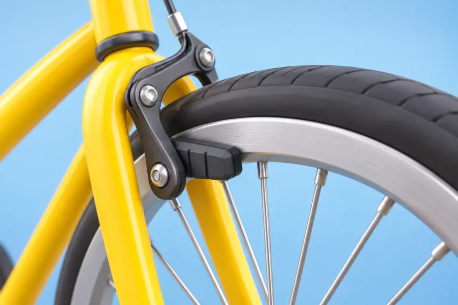 A close view of a bicycle wheel and brake pad shows the parts that help slow the wheel.