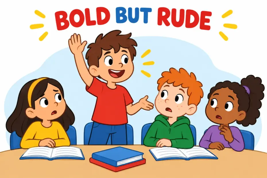 Cartoon child interrupts a group with a raised hand, showing brash in a sentence as confident but tactless behaviour.