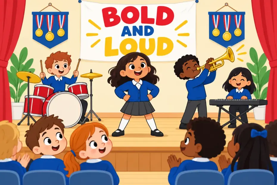 Cartoon children watch a confident classmate strut to the front beside a shining trumpet, showing brassy in a sentence as bold and loud.
