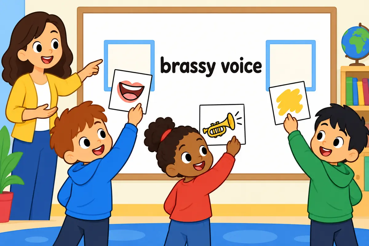 A cartoon board shows the adjective brassy filling slots before voice and after the verb be in two sentence frames.