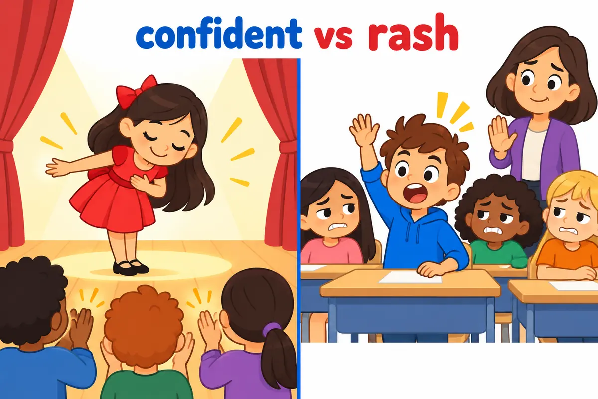 A cartoon split scene contrasts a poised child taking a bow with a child blurting an answer without thinking.
