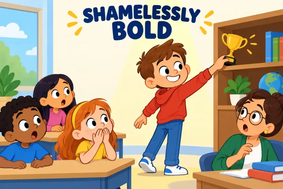 Cartoon pupils watch as a classmate calmly takes the class trophy off the shelf, showing brazen in a sentence as shameless nerve.