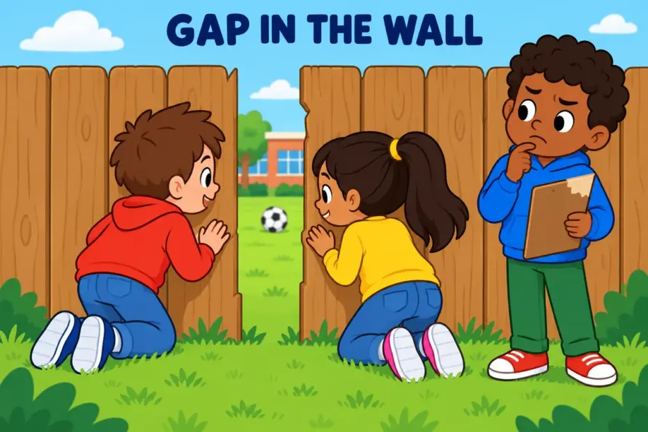 Cartoon pupils examine a broken school fence beside a torn contract, showing breach in a sentence as a gap or a broken rule.