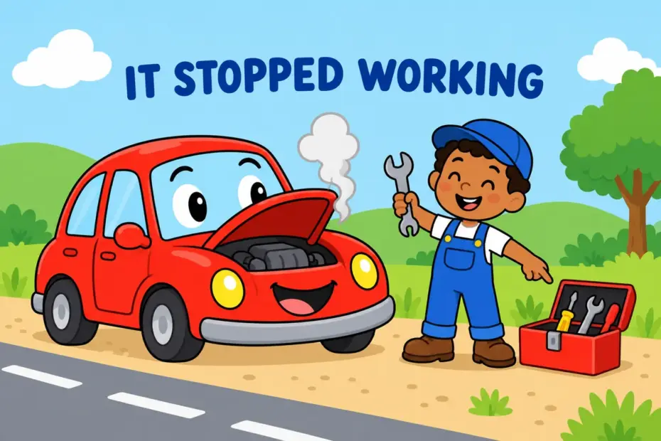 A cartoon car sits at the roadside with steam rising while a mechanic waves, showing break down in a sentence as a machine stopping.